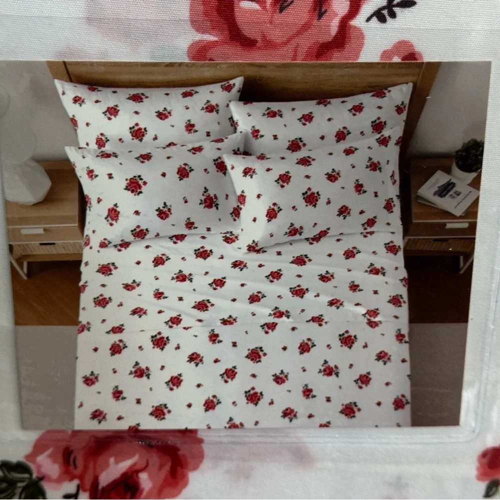 New Floral Queen Bedding Set 4PCS sheet set deep pocket White and Red rose